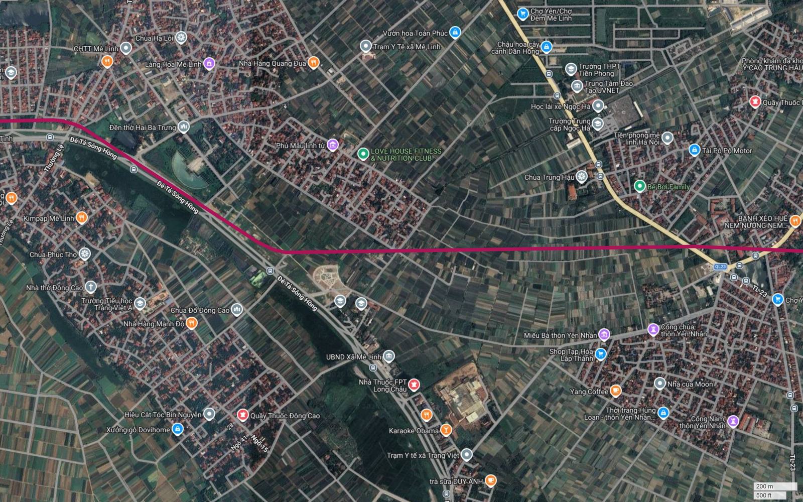 Tuyến metro số 18 chạy giữa vùng ruộng hoa Tiền Phong, phía trên là cụm giáo dục Ngọc Hà và trục Quốc lộ 23